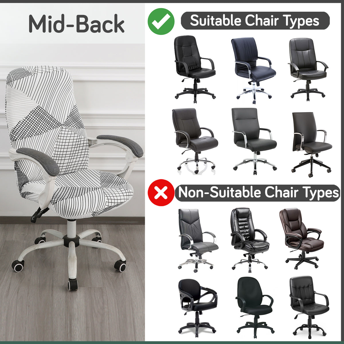Printed Office Chair Cover for Desk Chair (Mid-Back) – 140 GSM Stretch Fabric – Washable, Durable & Anti-Slip – Fits Mid-Back Office Chairs, Snow White Black Geometry - Medium