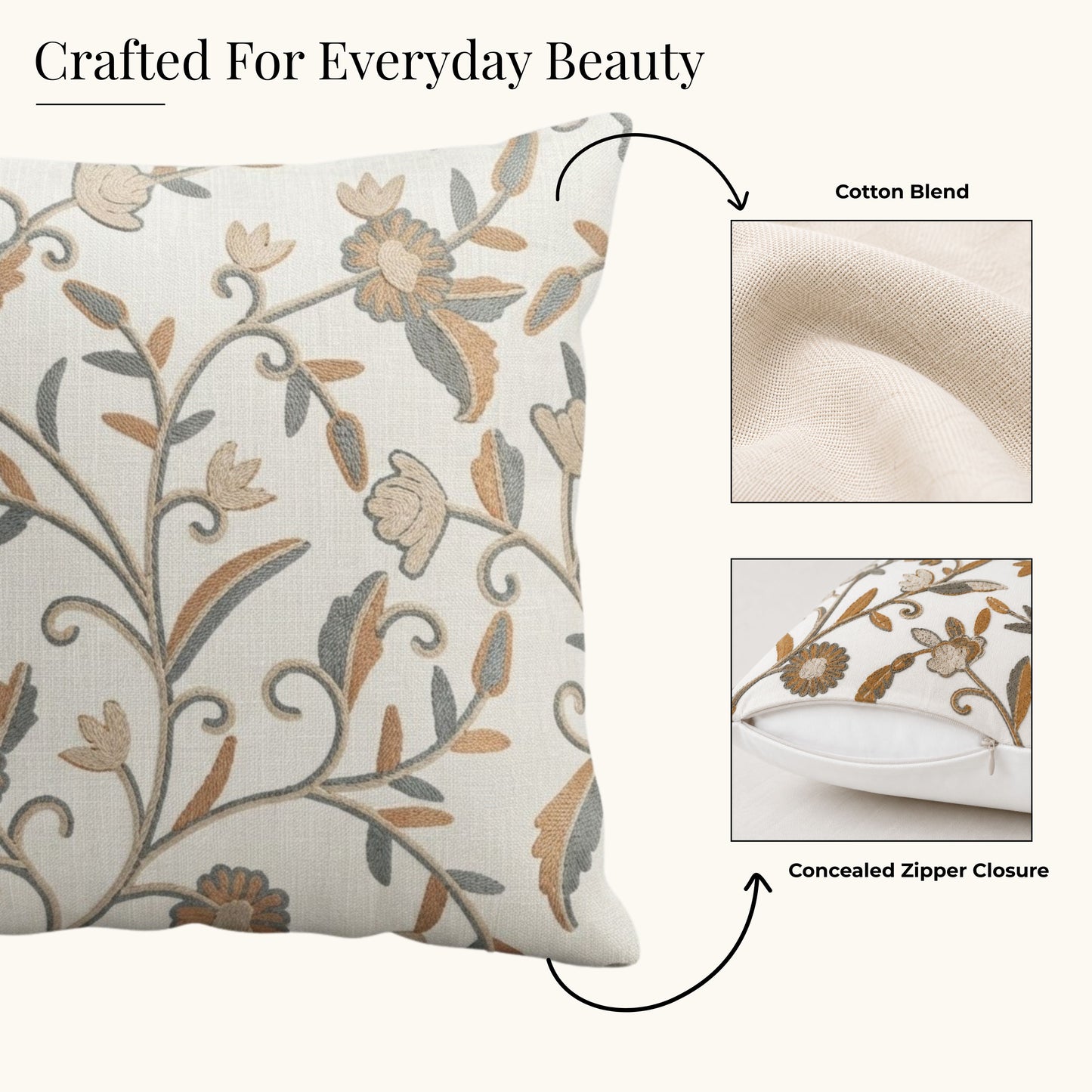 HOKIPO Floral Embroidered Cushion Cover 16x16 in, Ochre & Ivory