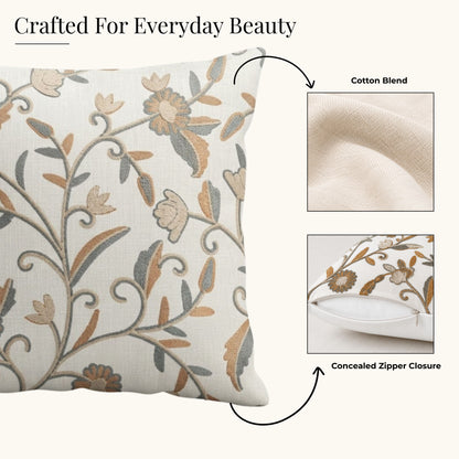 HOKIPO Floral Embroidered Cushion Cover 16x16 in, Ochre & Ivory