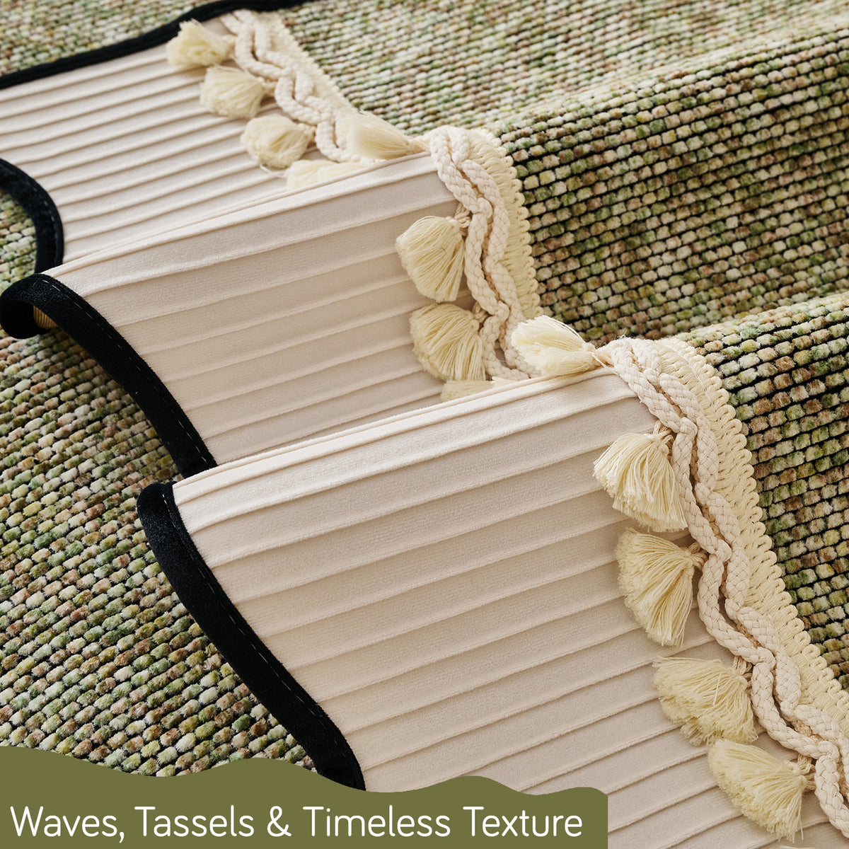 'Wavy Royale Series' Thick Woven Weave Chenille Sofa Cover with Tassel, Sage Green