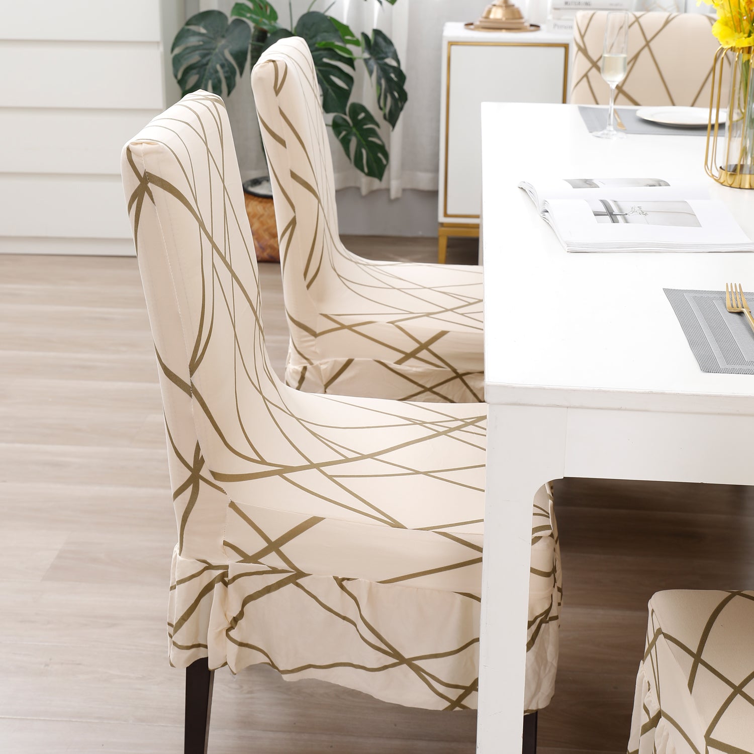 Elastic Stretchable Dining Chair Cover with Frill, Beige Abstract Line