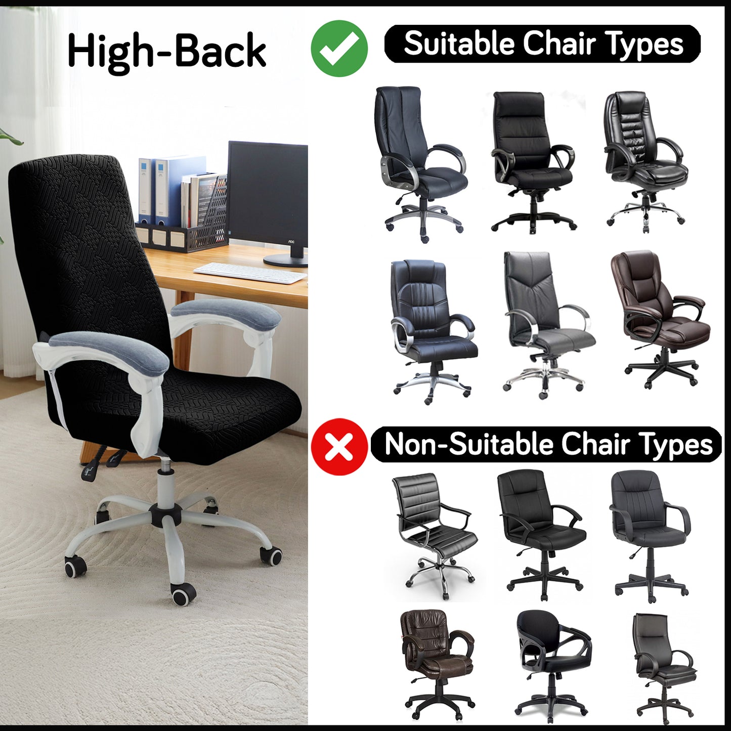 Office Chair Cover for Executive Chair (High-Back) – 170 GSM Stretchable Jacquard – Washable & Anti-Slip – Fits Big & Tall Office Chairs, Black