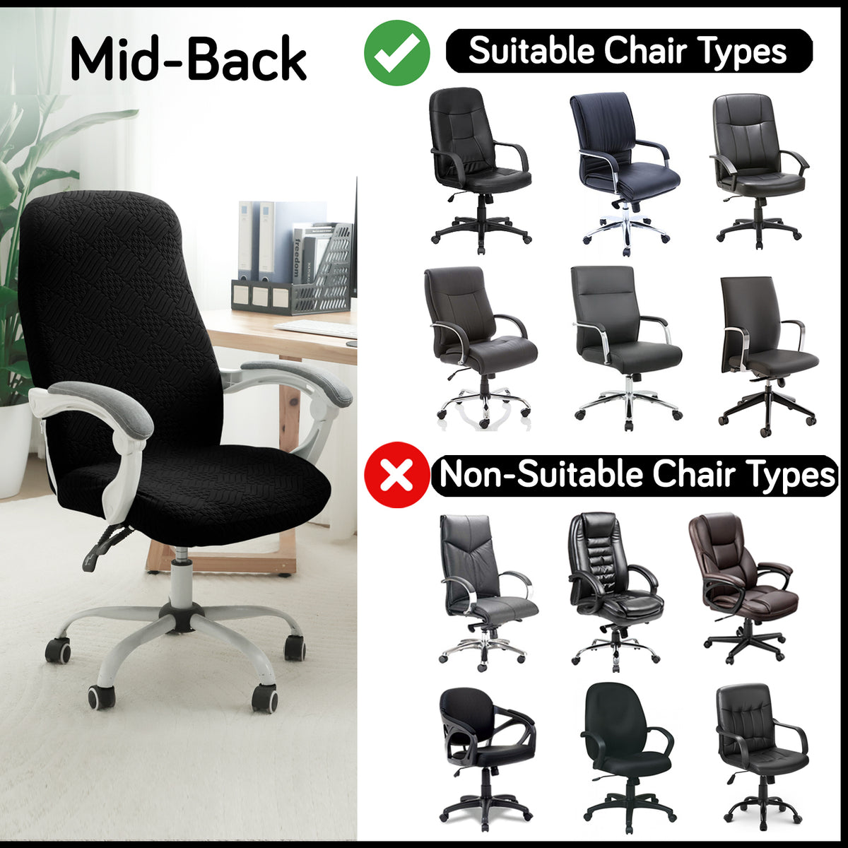 Office Chair Cover for Desk Chair (Mid-Back) – 170 GSM Stretch Jacquard – Washable, Durable & Anti-Slip – Fits Mid-Back Office Chairs, Black