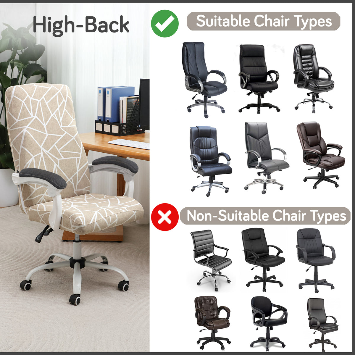 Printed Office Chair Cover for Executive Chair (High-Back) – 140 GSM Stretchable Fabric – Washable & Anti-Slip – Fits Big & Tall Office Chairs, Beige Abstract Geometry