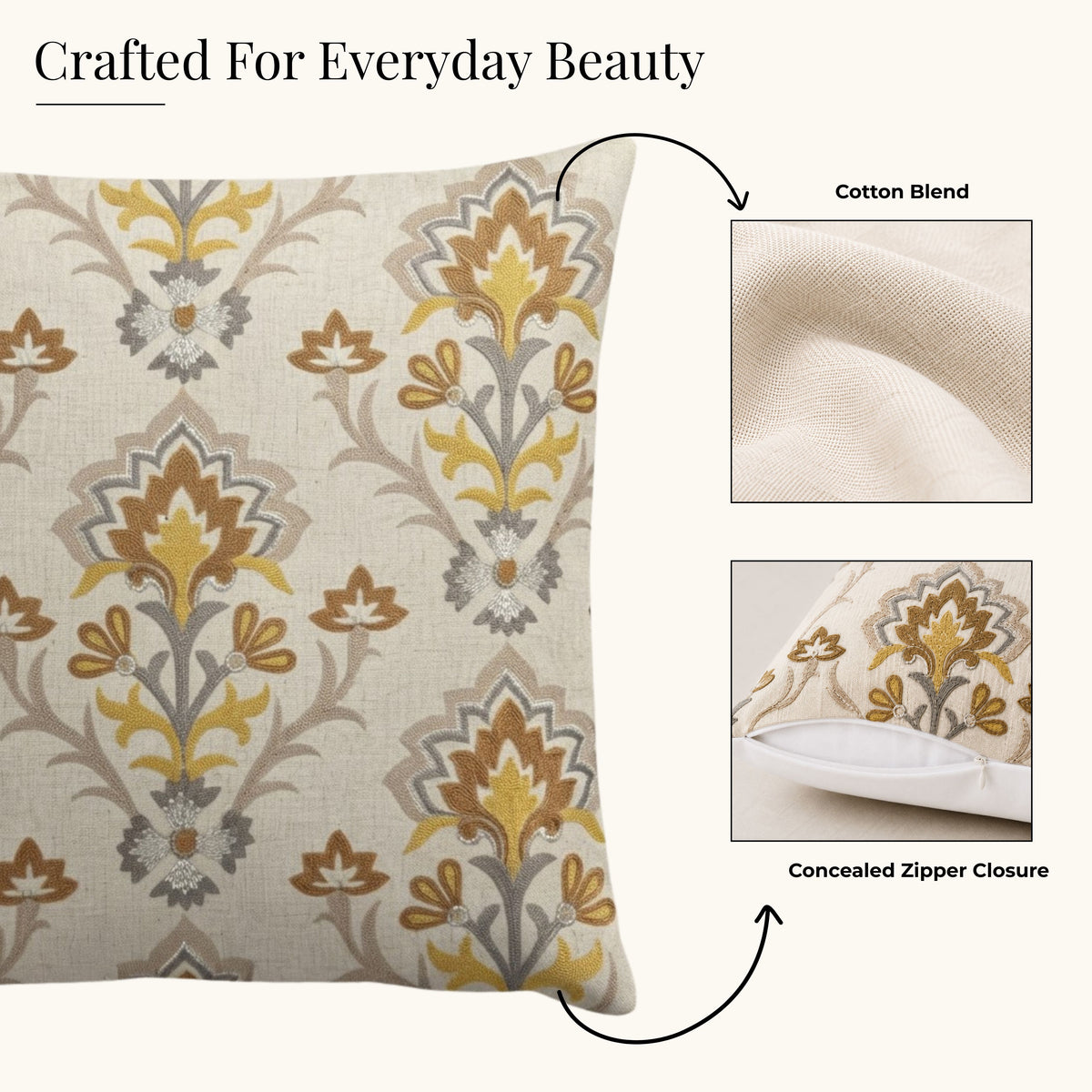 HOKIPO Heritage Bloom Embroidered Cushion Cover 16x16 Inch, Mustard & Ivory