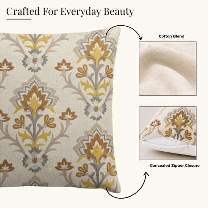 HOKIPO Heritage Bloom Embroidered Cushion Cover 16x16 in, Mustard & Ivory