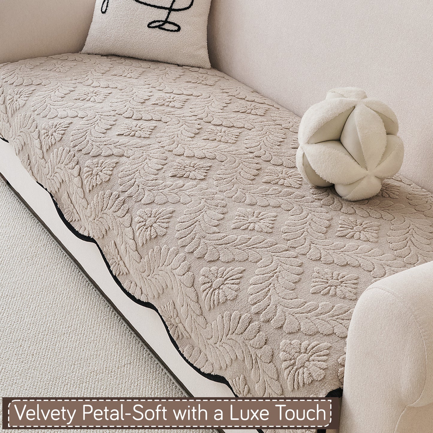 Embossed Floral Jacquard Anti-Slip Sofa Cover Mat, 'Wavy Petal Crest Series' Soft Brown