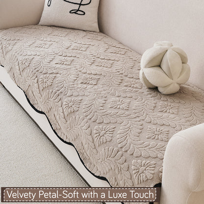 Embossed Floral Jacquard Anti-Slip Sofa Cover Mat, 'Wavy Petal Crest Series' Soft Brown