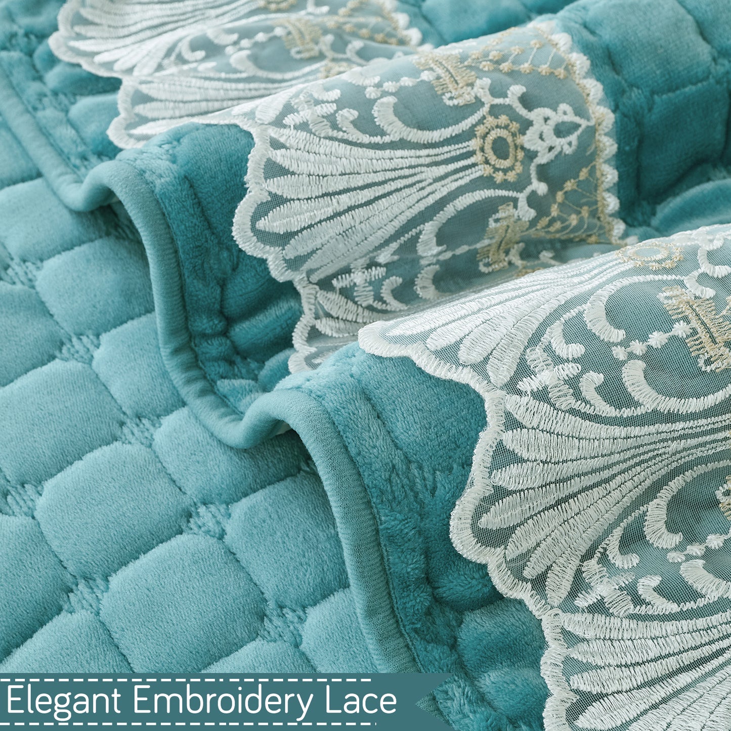 BelleLace Series Imperial Milk Velvet Sofa Cover Mat with Lace Design - Teal