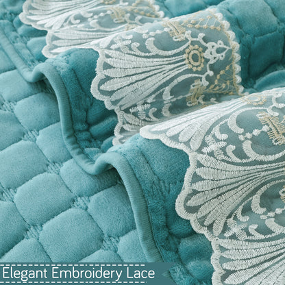 BelleLace Series Imperial Milk Velvet Sofa Cover Mat with Lace Design - Teal
