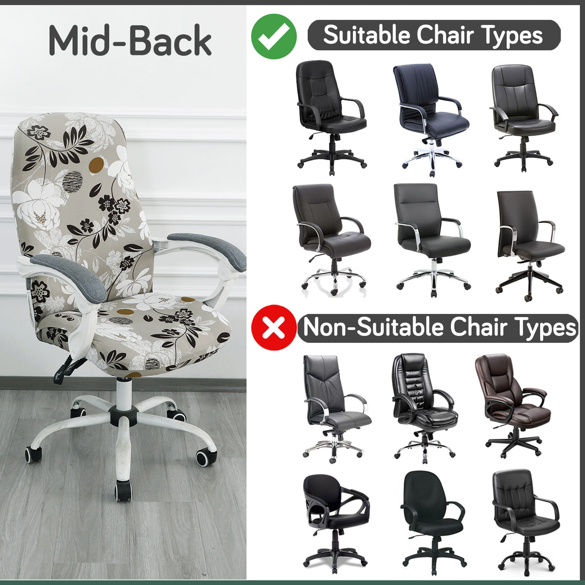Printed Office Chair Cover for Desk Chair (Mid-Back) – 140 GSM Stretch Fabric – Washable, Durable & Anti-Slip – Fits Mid-Back Office Chairs, Feather Brown Floral - Medium
