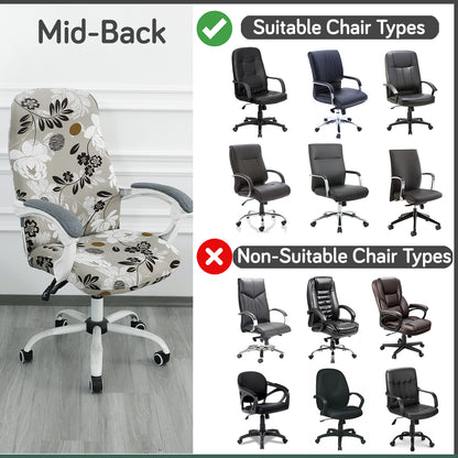 Printed Office Chair Cover for Desk Chair (Mid-Back) – 140 GSM Stretch Fabric – Washable, Durable & Anti-Slip – Fits Mid-Back Office Chairs, Feather Brown Floral - Medium