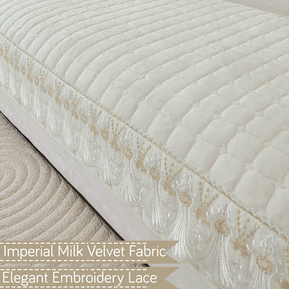 BelleLace Series Premium Imperial Milk Velvet Sofa Cover Mat with Lace Design -  Pearl White