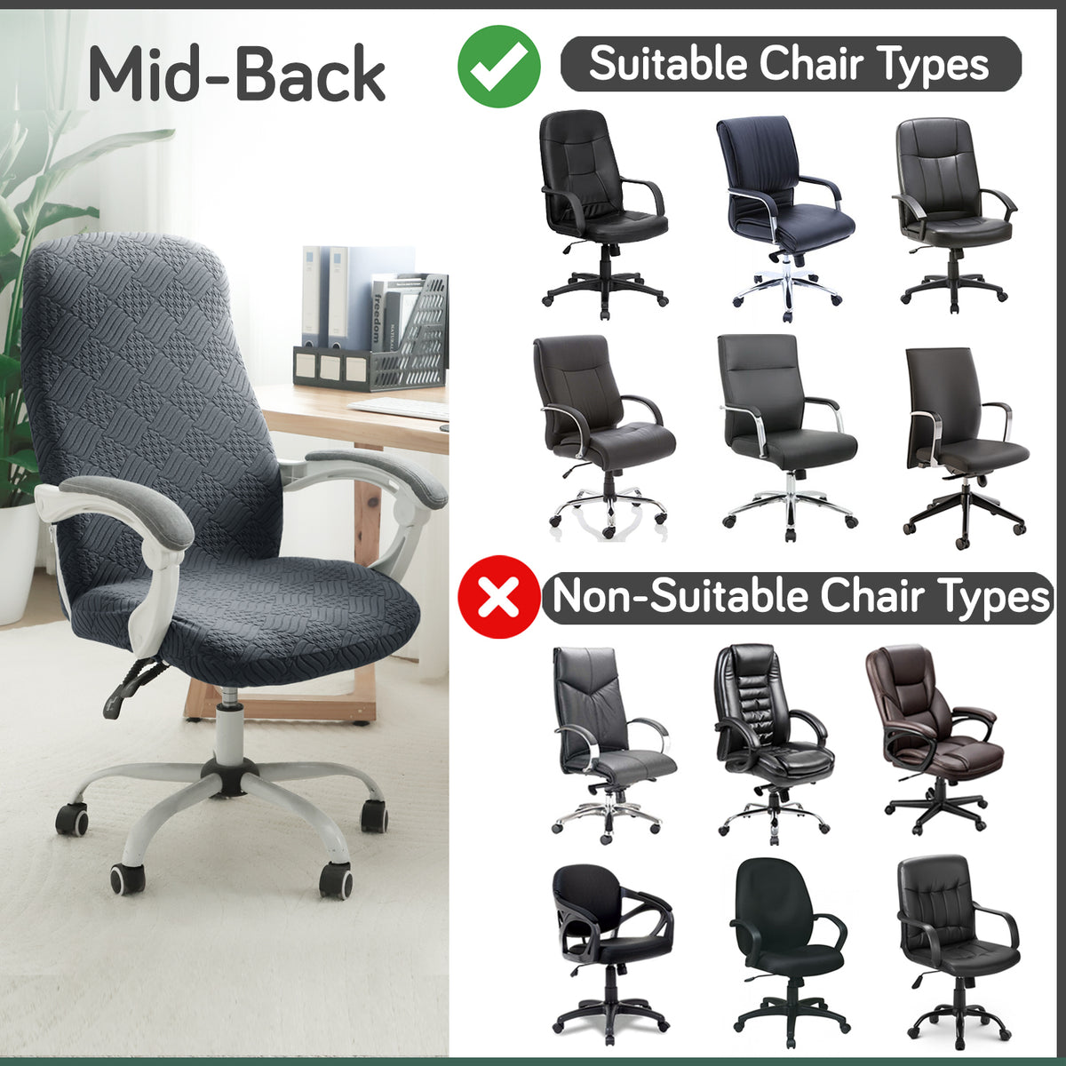 Office Chair Cover for Desk Chair (Mid-Back) – 170 GSM Stretch Jacquard – Washable, Durable & Anti-Slip – Fits Mid-Back Office Chairs, Dark Grey