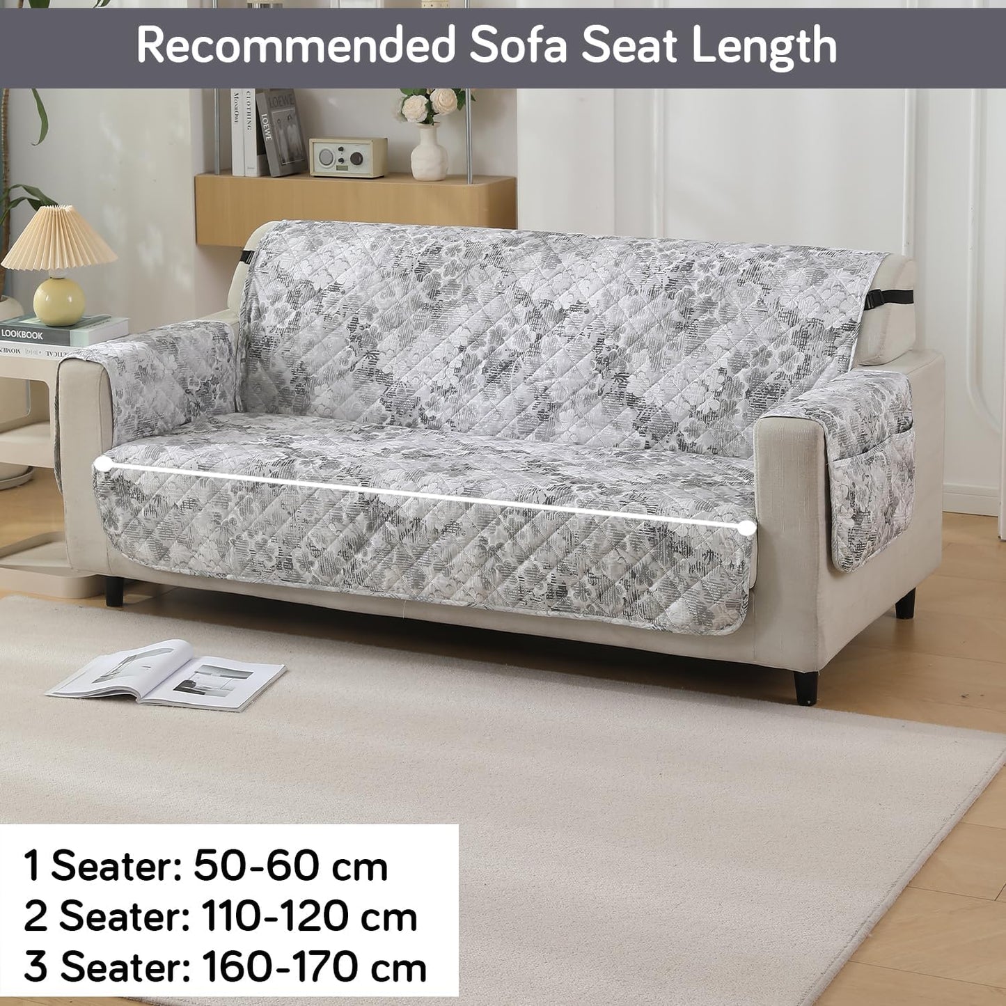 Quilted Waterproof Sofa Cover Mat with Pockets on Armrest Cover - Abstract Pale Grey
