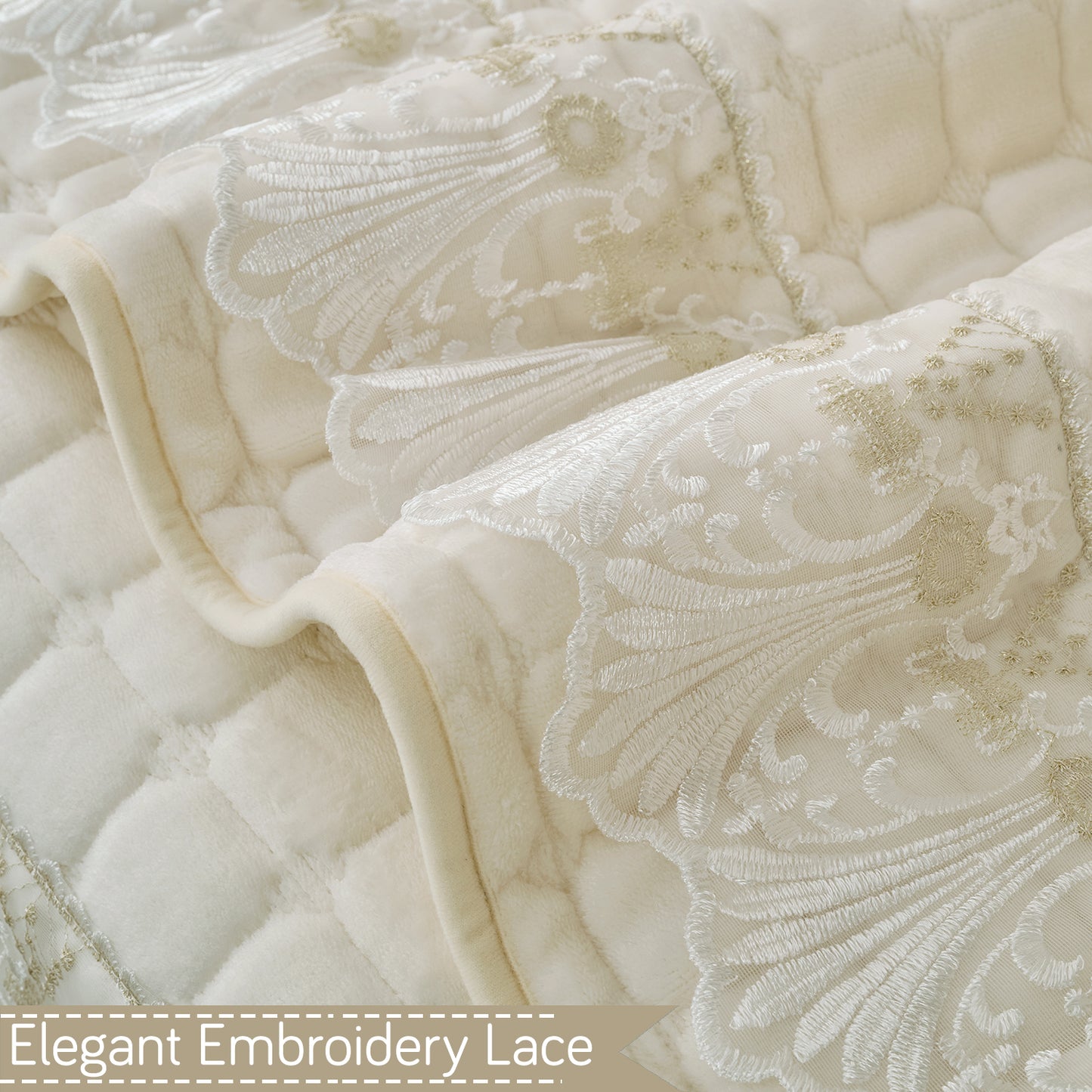 BelleLace Series Premium Imperial Milk Velvet Sofa Cover Mat with Lace Design -  Pearl White