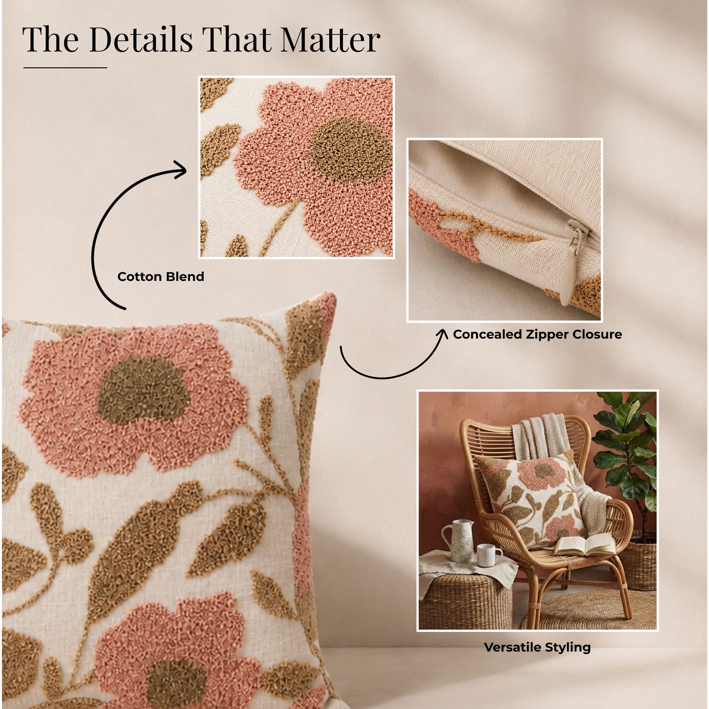 HOKIPO Abstract Floral Tufted Cushion Cover 16x16 Inch for Sofa, Pink & Beige