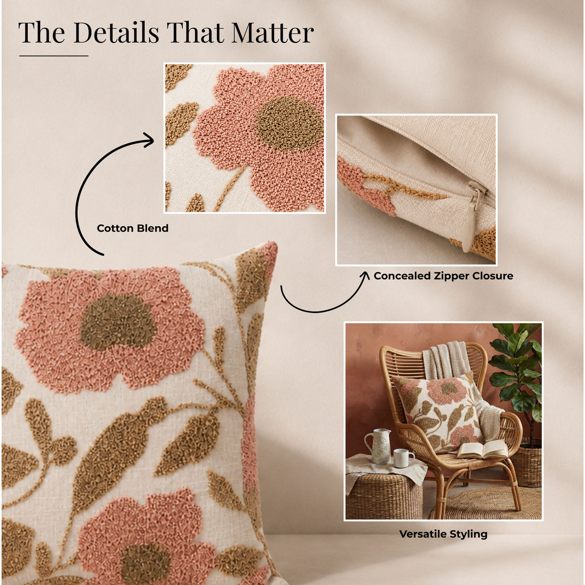 HOKIPO Abstract Floral Tufted Cushion Cover 16x16 Inch for Sofa, Pink & Beige