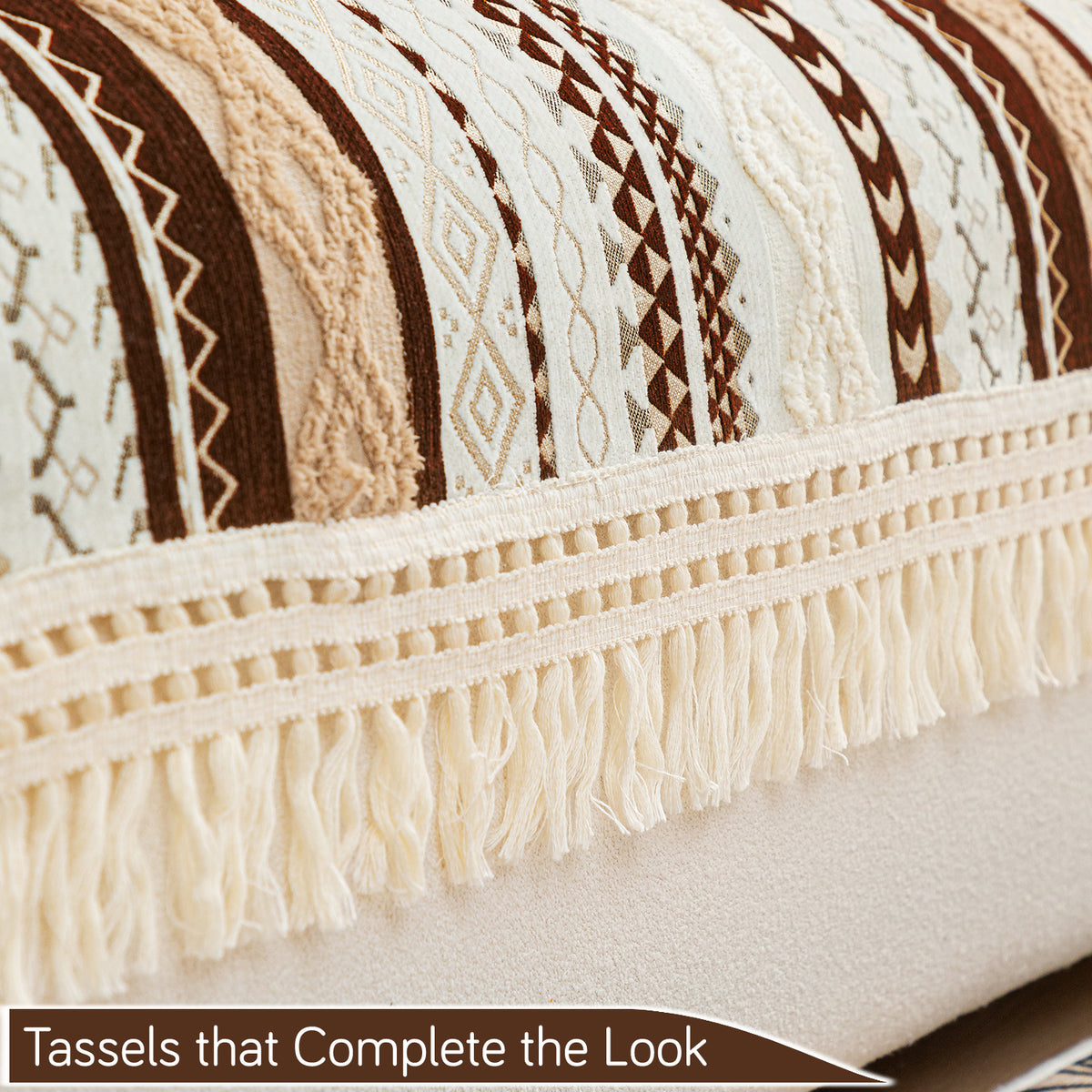 Nordic Boho Geometric Sofa Cover Mat with Tassel, 'Nordic Tassel Series'  Chocolate Brown
