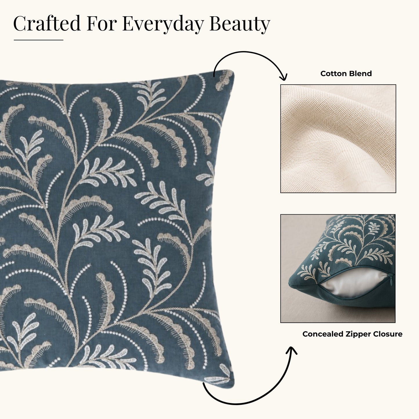 HOKIPO Leaf Trail Embroidered Cushion Cover 16x16 in, Charcoal
