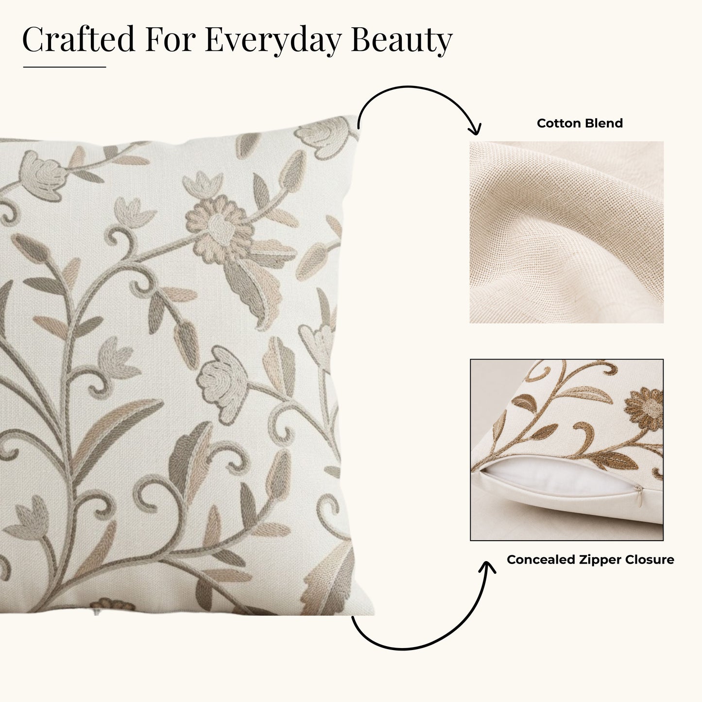HOKIPO Floral Embroidered Cushion Cover in, Beige & Ivory