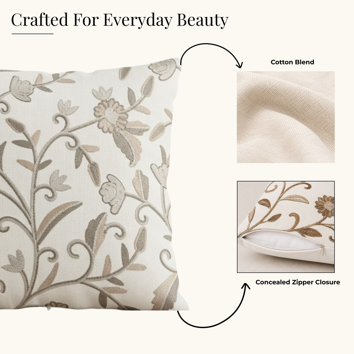 HOKIPO Floral Embroidered Cushion Cover 16x16 Inch, Beige & Ivory