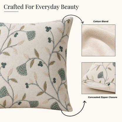 HOKIPO Botanical Embroidered Cushion Cover 16x16 in, Teal