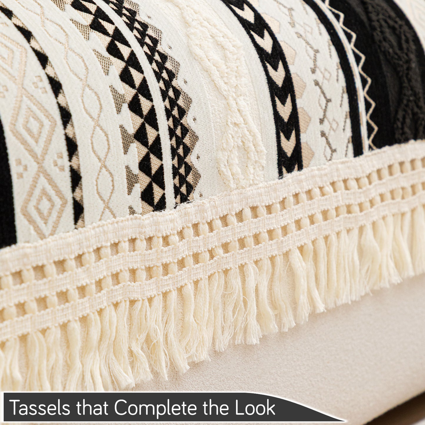 Nordic Boho Geometric Sofa Cover Mat with Tassel, 'Nordic Tassel Series'  Aurora Black