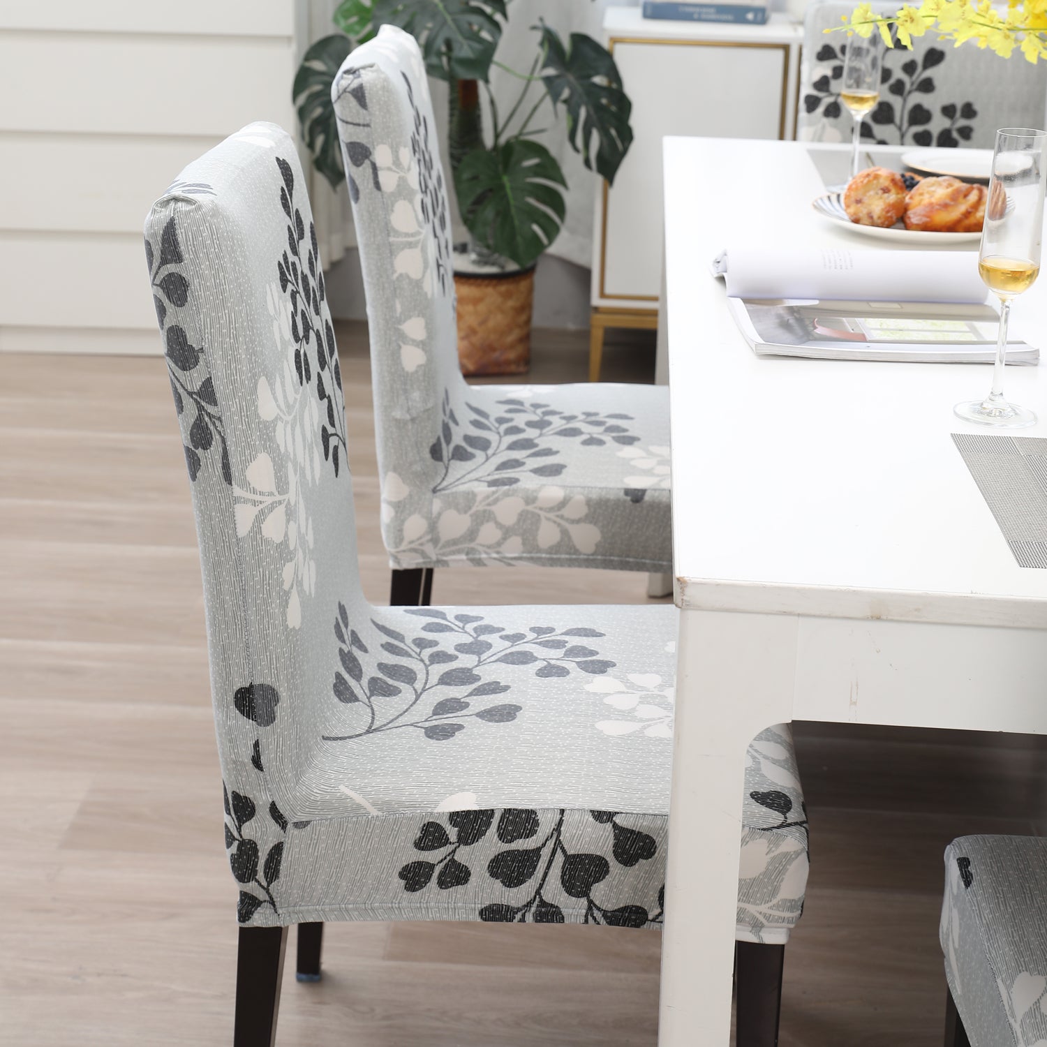 Elastic Stretchable Dining Chair Cover, Grey Leaves