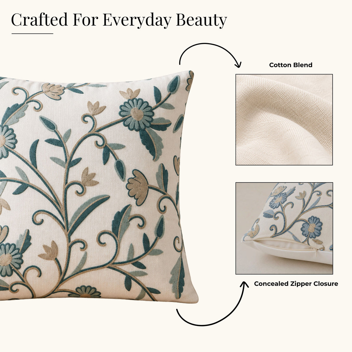 HOKIPO Floral Embroidered Cushion Cover 16x16 Inch, Teal & Beige