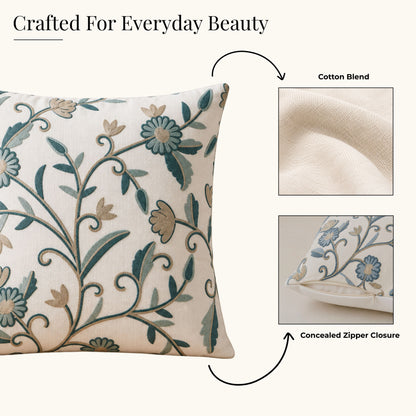 HOKIPO Floral Embroidered Cushion Cover 16x16 in, Teal & Beige
