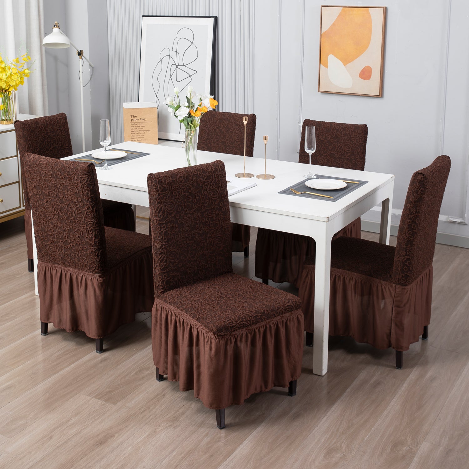 Elastic Stretchable Designer Woven Jacquard Dining Chair Cover with Frill, Pecan Brown
