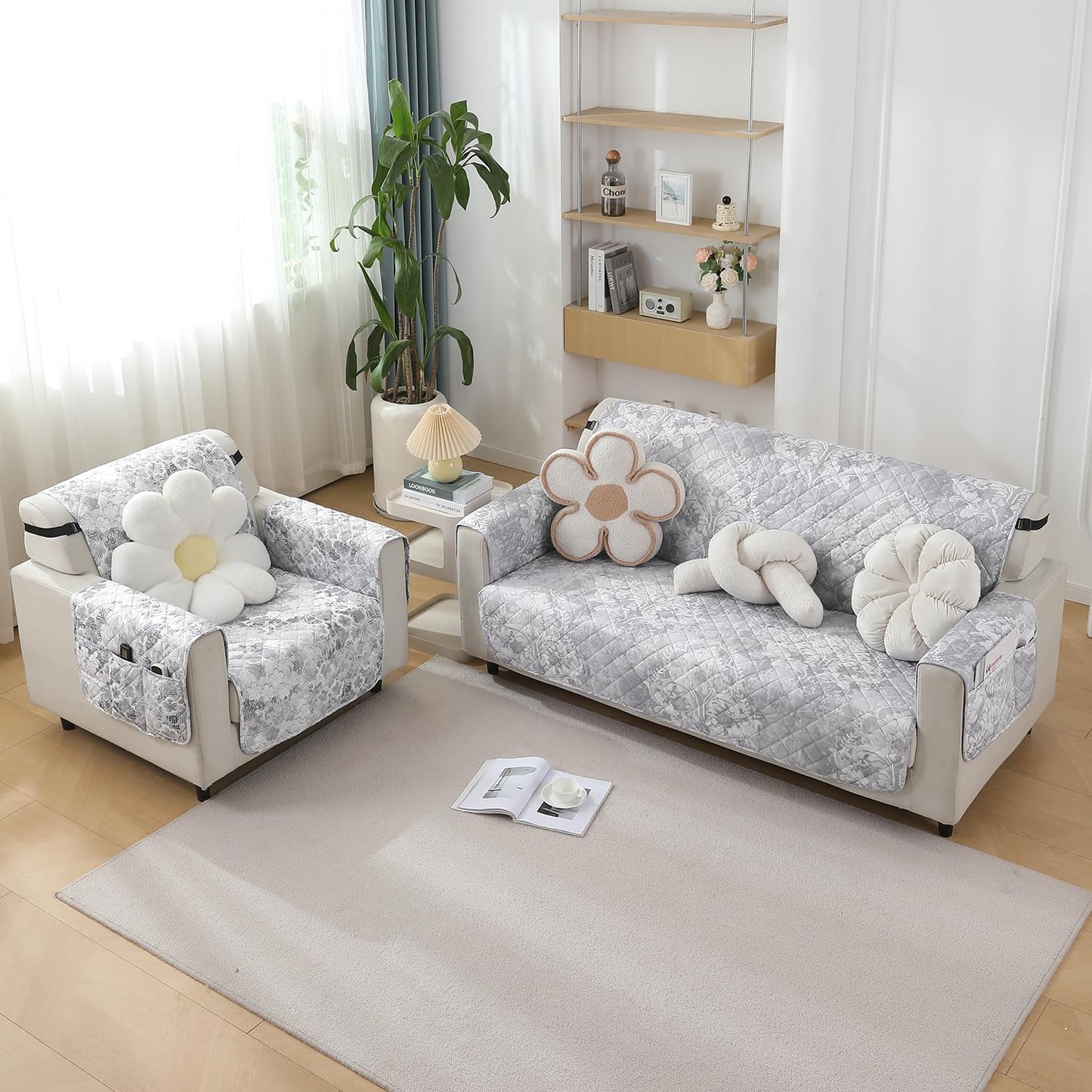 HOKIPO Quilted Waterproof Sofa Cover Mat with Pockets on Armrest Cover - Motifs Cloud Grey
