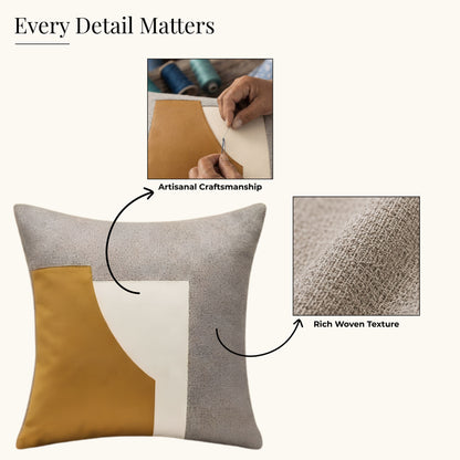 HOKIPO Faux Leather Color Block Cushion Cover | 16x16 Inch | Modern Throw Pillow Cover, Mustard & Grey