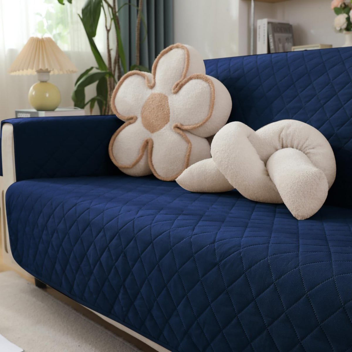 Quilted Waterproof Sofa Cover Mat with Pockets on Armrest Cover - Navy Blue