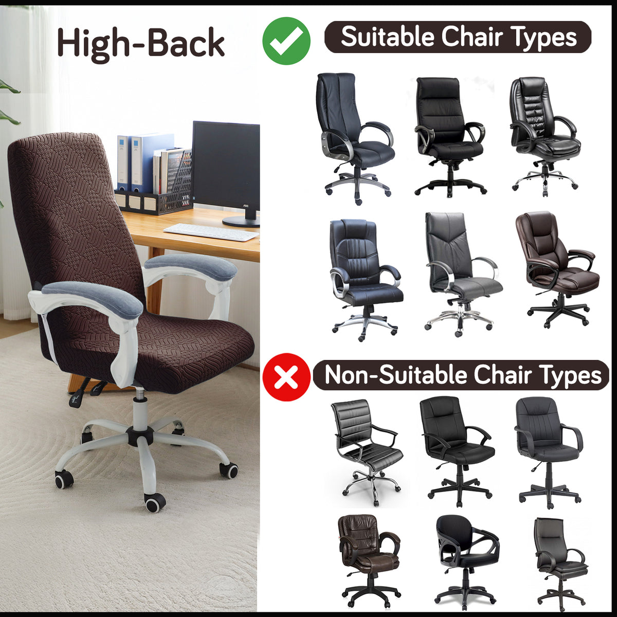 Office Chair Cover for Executive Chair (High-Back) – 170 GSM Stretchable Jacquard – Washable & Anti-Slip – Fits Big & Tall Office Chairs, Brown