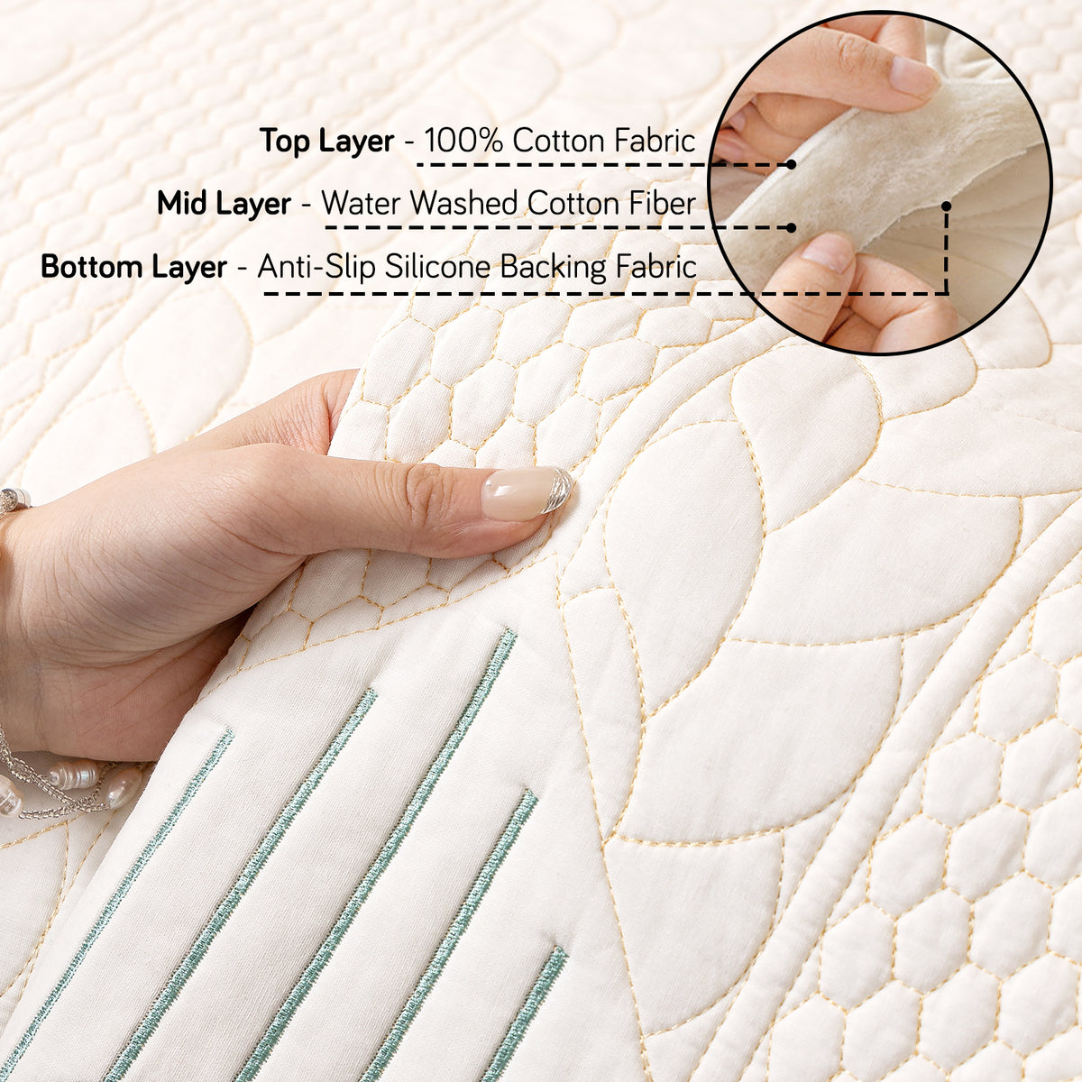 Cotton Reverie with a Curved Wavy Edge Sofa Mat, Greenish Cream