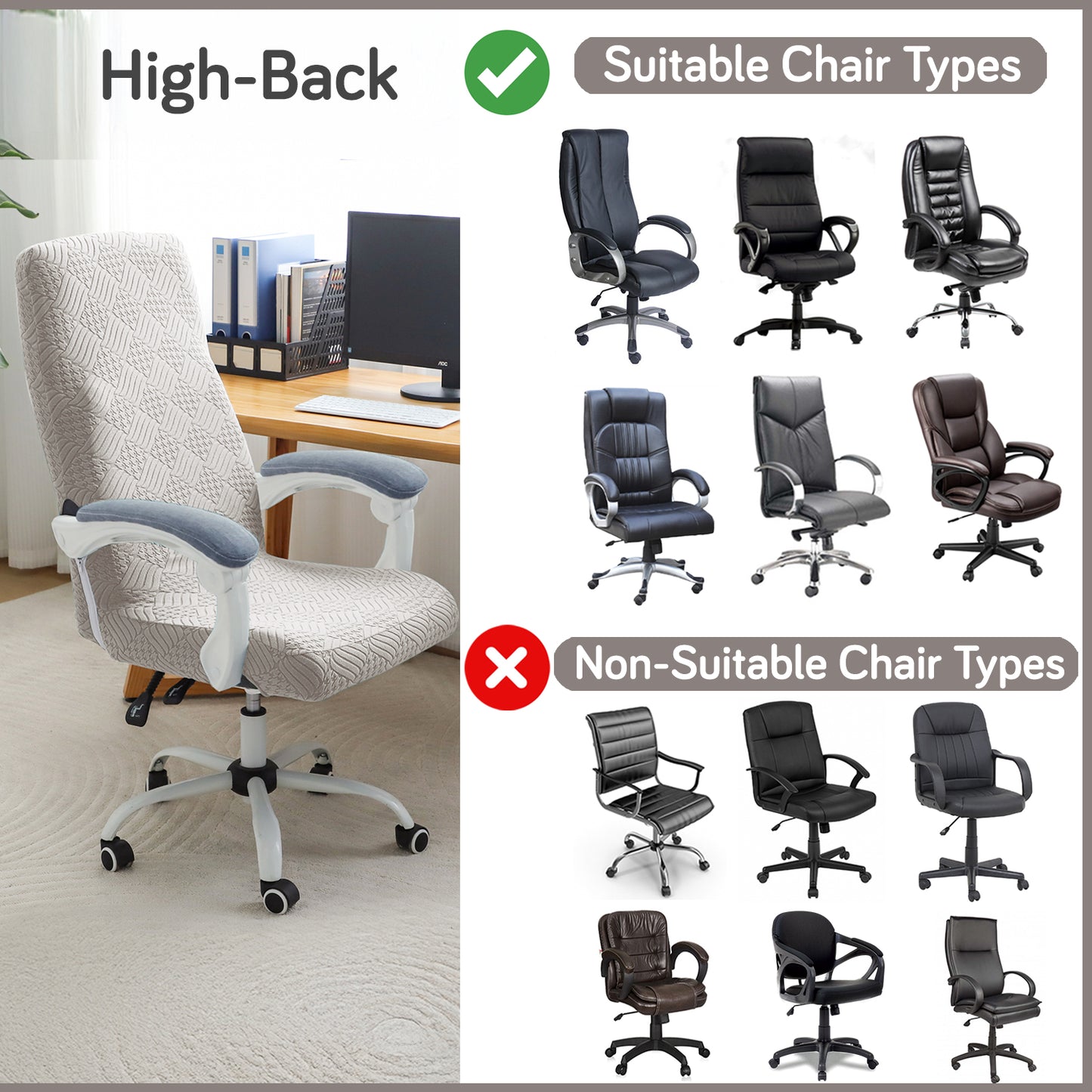 Office Chair Cover for Executive Chair (High-Back) – 170 GSM Stretchable Jacquard – Washable & Anti-Slip – Fits Big & Tall Office Chairs, Taupe Brown