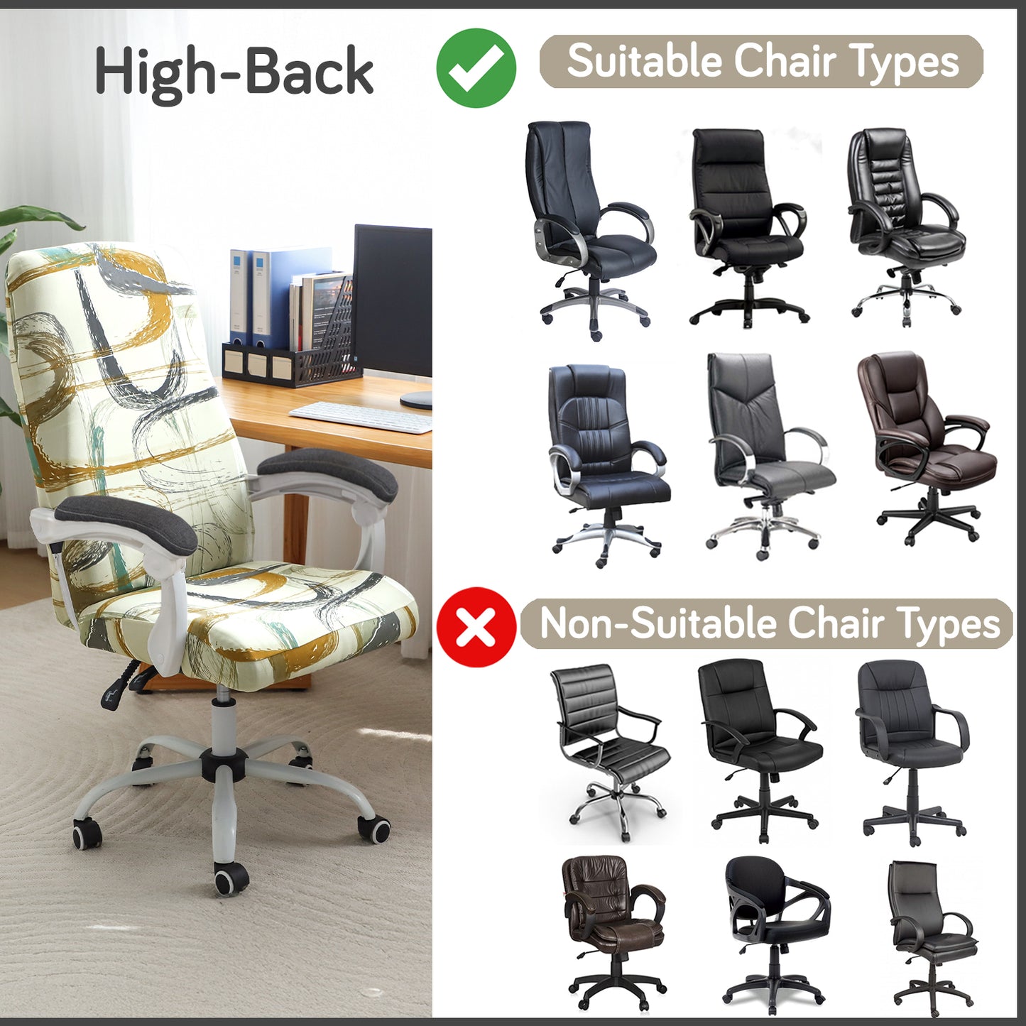 Printed Office Chair Cover for Executive Chair (High-Back) – 140 GSM Stretchable Fabric – Washable & Anti-Slip – Fits Big & Tall Office Chairs, Parchement Beige Abstract Art