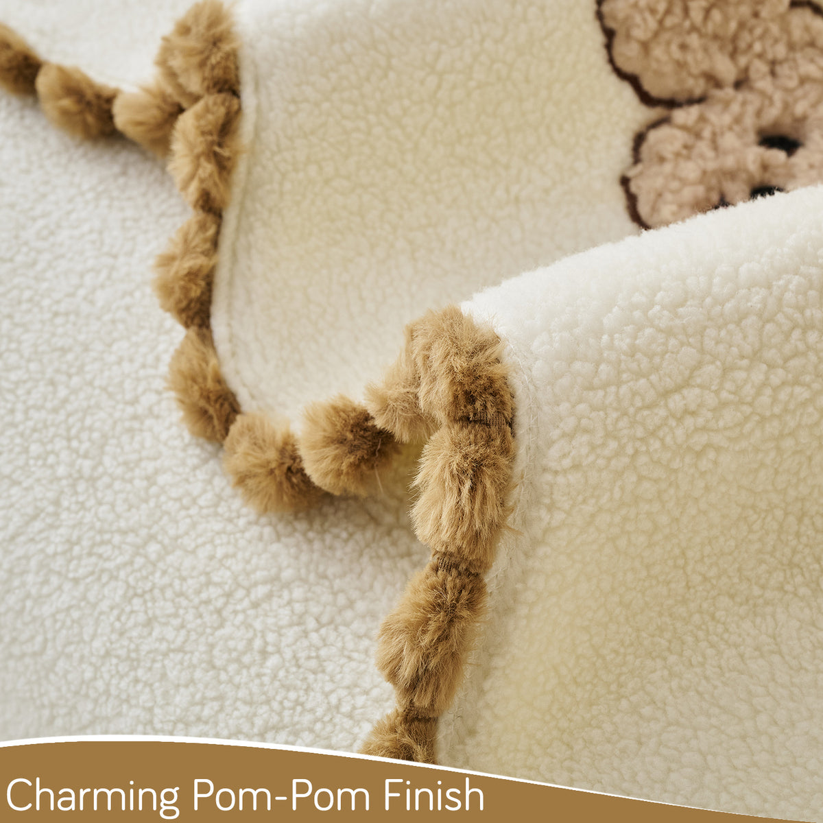 CloudHug Plush Sofa Cover Mat with PomPom and Wavy Edges, Ivory Cream