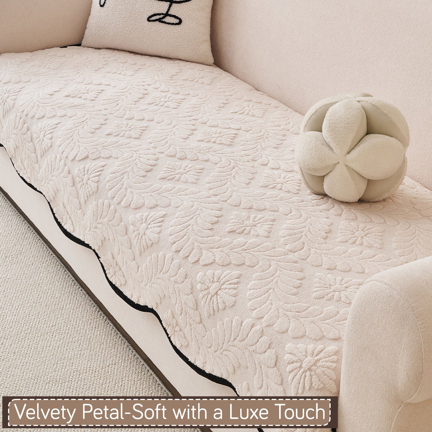 Embossed Floral Jacquard Anti-Slip Sofa Cover Mat, 'Wavy Petal Crest Series' Light Cream