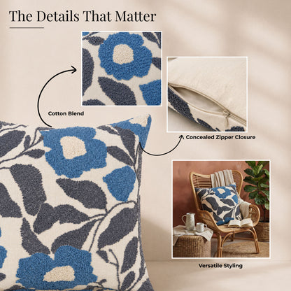 HOKIPO Abstract Floral Tufted Cushion Cover 16x16 Inch for Sofa, Blue & Grey