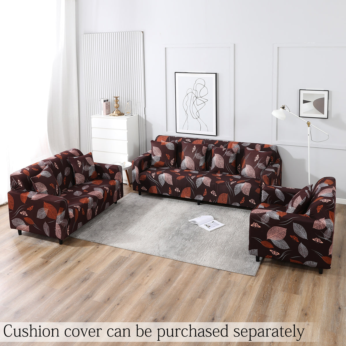 Dark Brown Leaf elastic sofa cover sets for 1,2,3,4,5 & 7 seater sofas