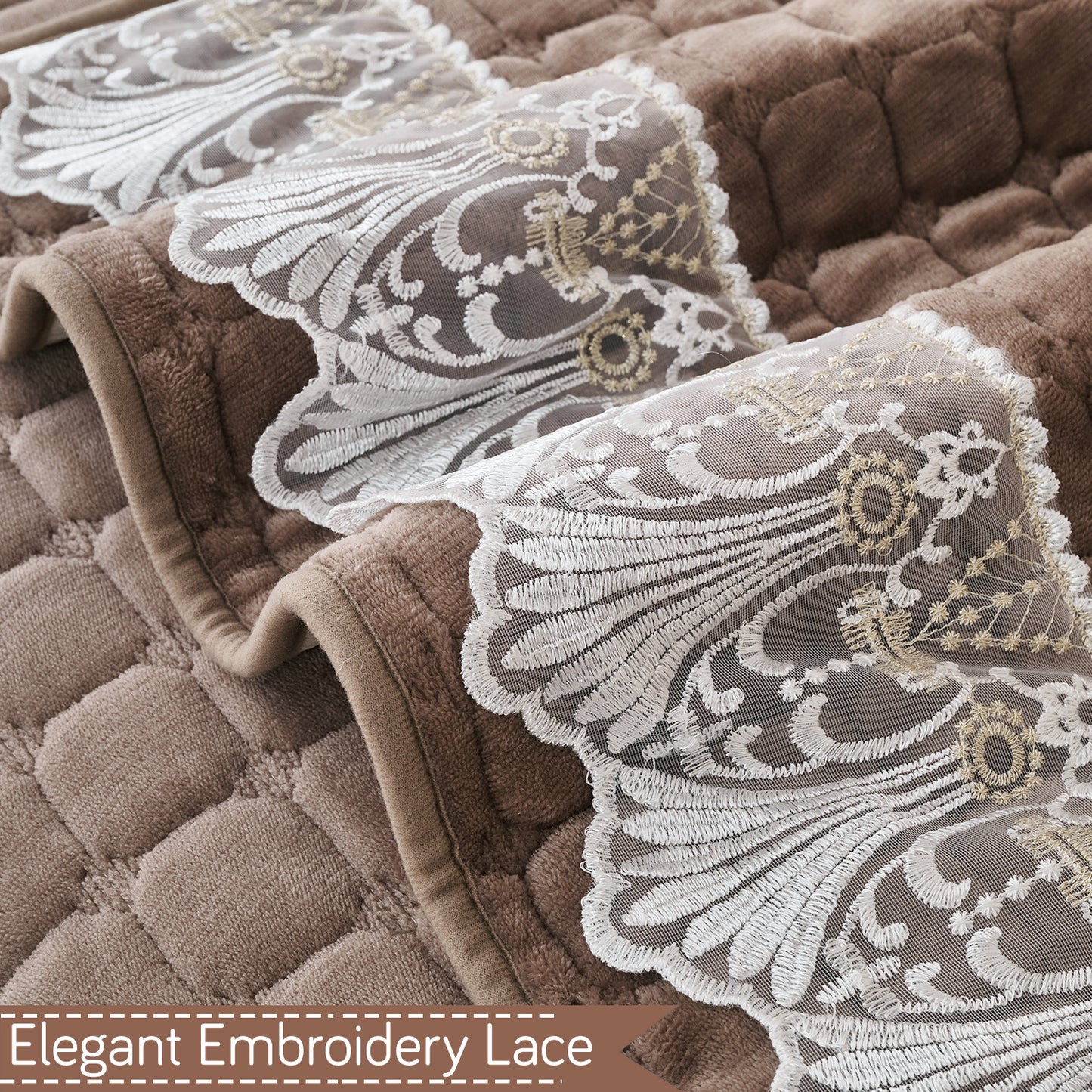 BelleLace Series Premium Imperial Milk Velvet Sofa Cover Mat with Lace Design -  Mocha Brown