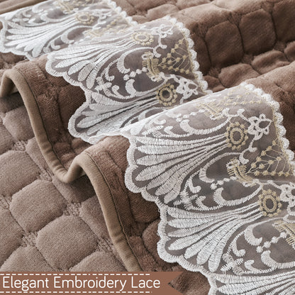 BelleLace Series Premium Imperial Milk Velvet Sofa Cover Mat with Lace Design -  Mocha Brown