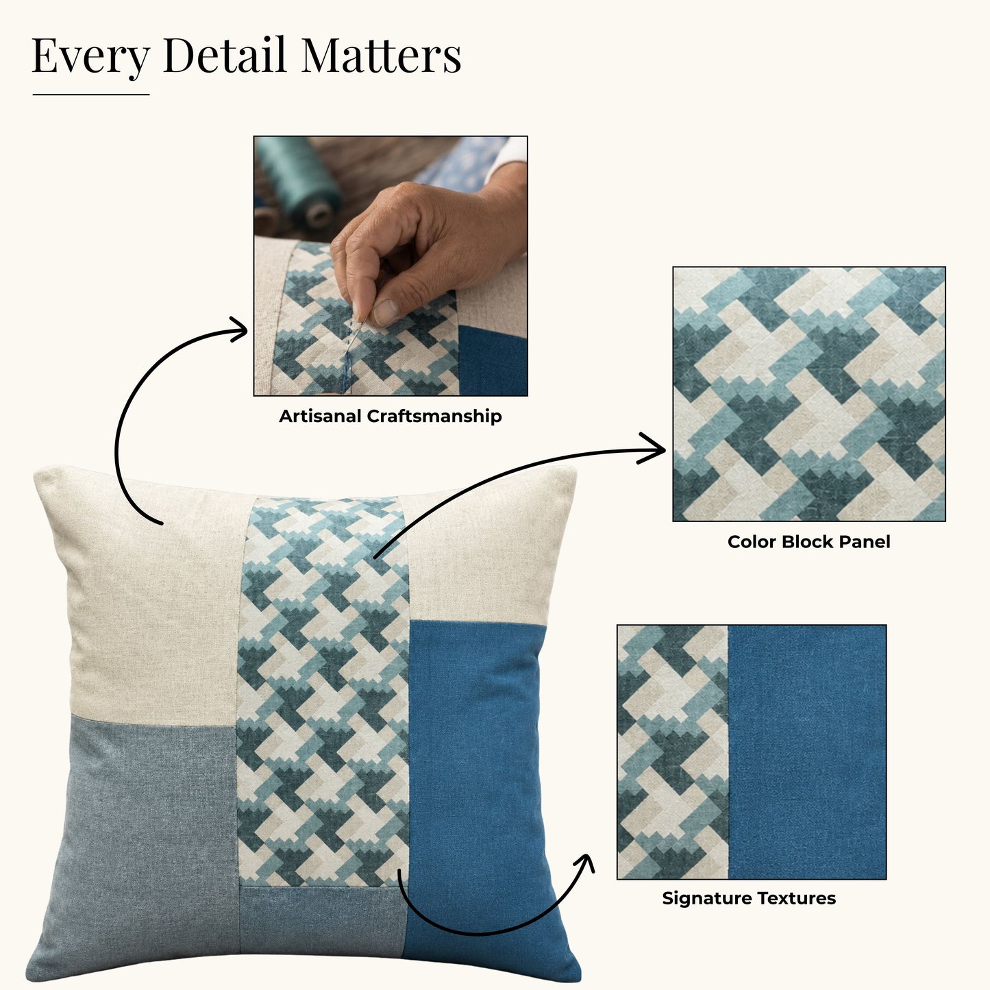HOKIPO Color Block Geometric Cushion Cover | 16x16 Inch | Modern Throw Pillow Cover, Blue and Ivory