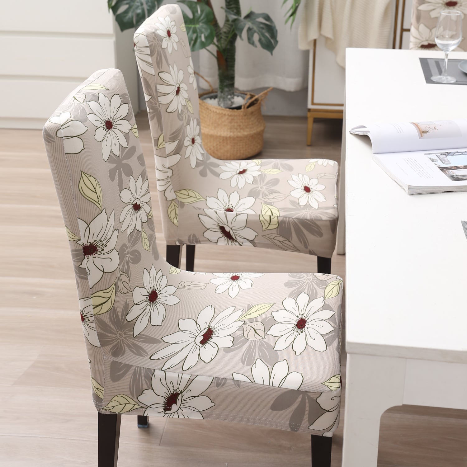 Elastic Stretchable Dining Chair Cover, Cream Flowers