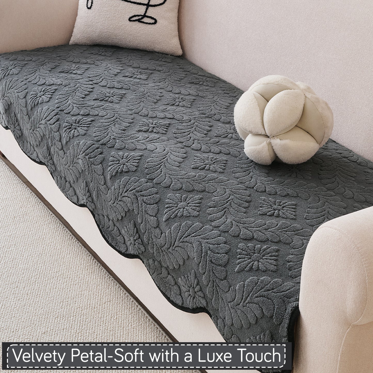 Embossed Floral Jacquard Anti-Slip Sofa Cover Mat, 'Wavy Petal Crest Series' Charcoal Grey