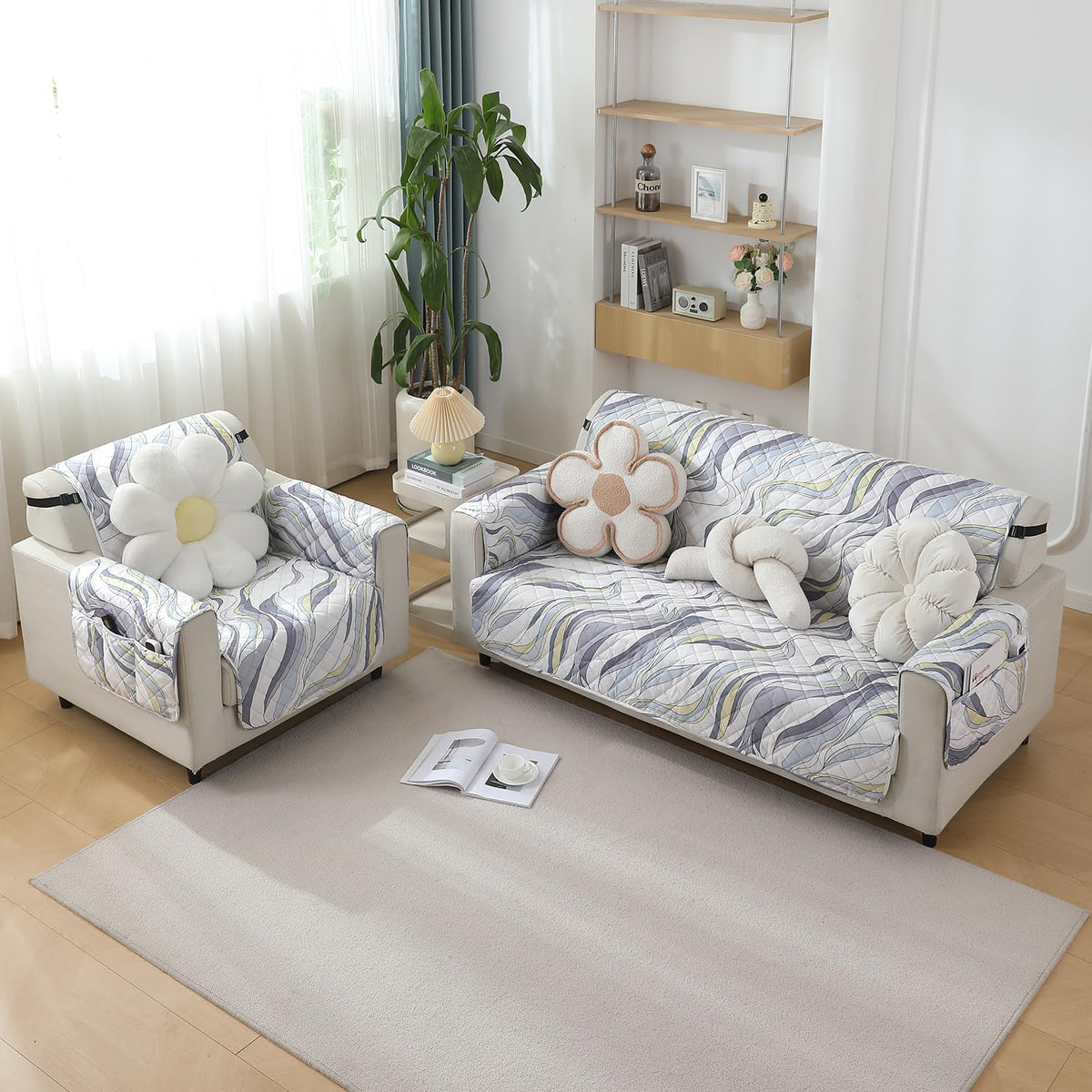 Curved Lines Pearl White print Quilted Waterproof Sofa Mat | Hokipo