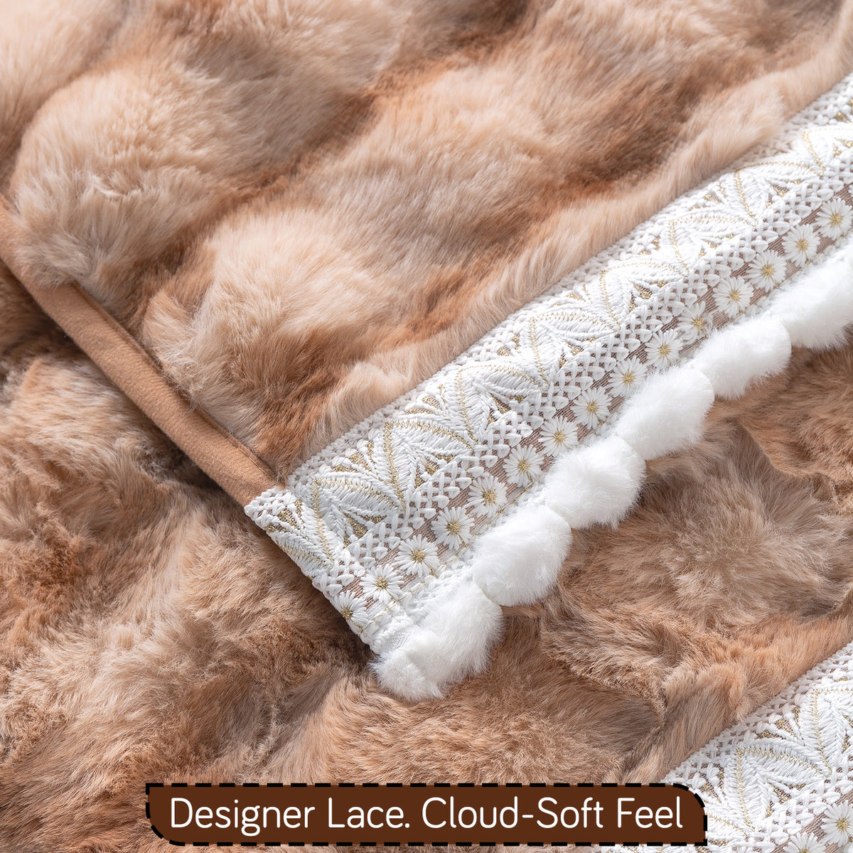 Faux Rabbit Fur Sofa Cover with Lace |Gradient Rabbit Plush, Brown